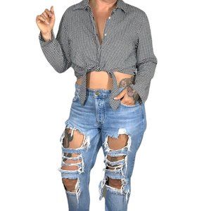 Vintage 90s Black White Gingham Checkered Button Up Long Sleeve Front Tie Large